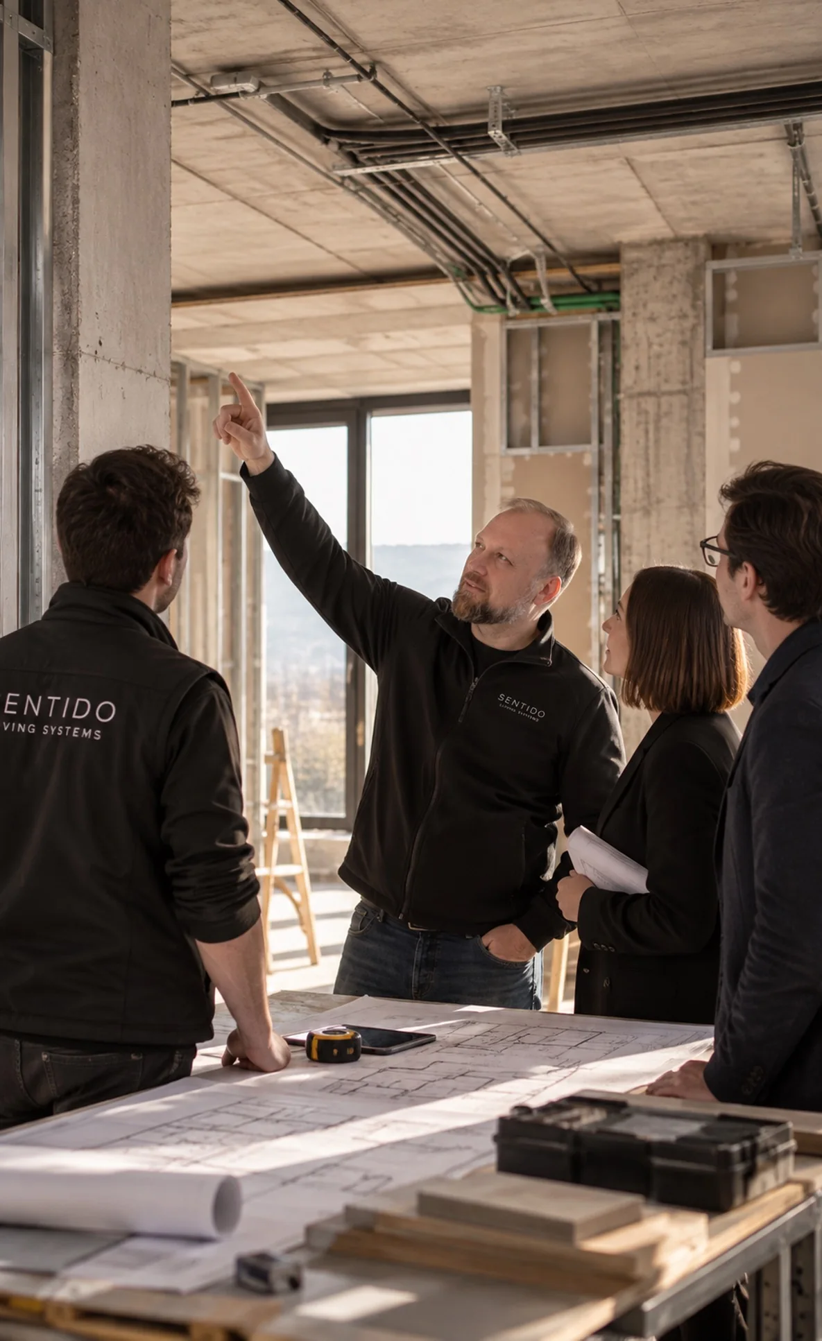 Sentido engineers reviewing drawings with an architect on site